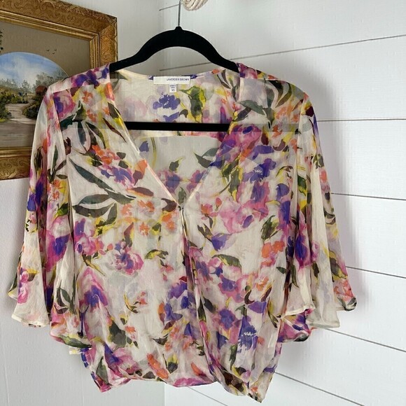 Lavender Brown Tops - Lavender Brown Silk Floral Sheer Top Flutter Bell Sleeve Feminine Size XS